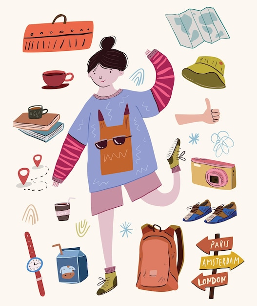 Plik wektorowy kobieta wakacje wycieczka, turystyka piesza i elementy dekoracyjne z plecakiem