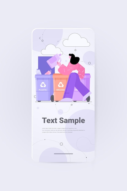 Plik wektorowy kobieta wkładająca worki na śmieci do różnego rodzaju pojemników na śmieci