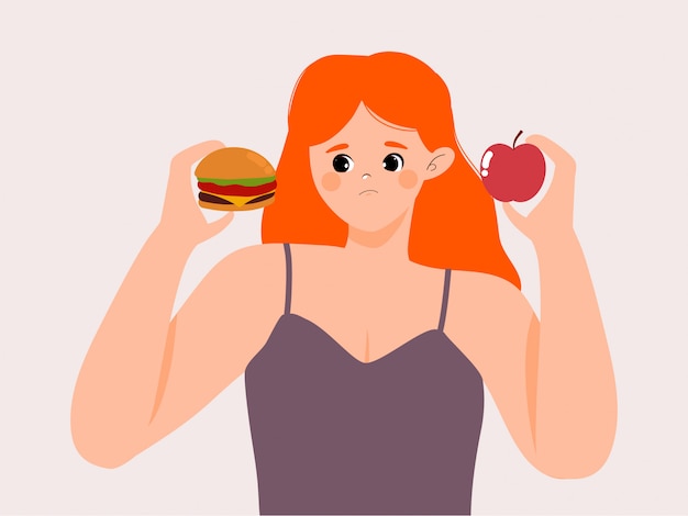 Kobieta wybiera między zdrową i niezdrową karmową ilustracją