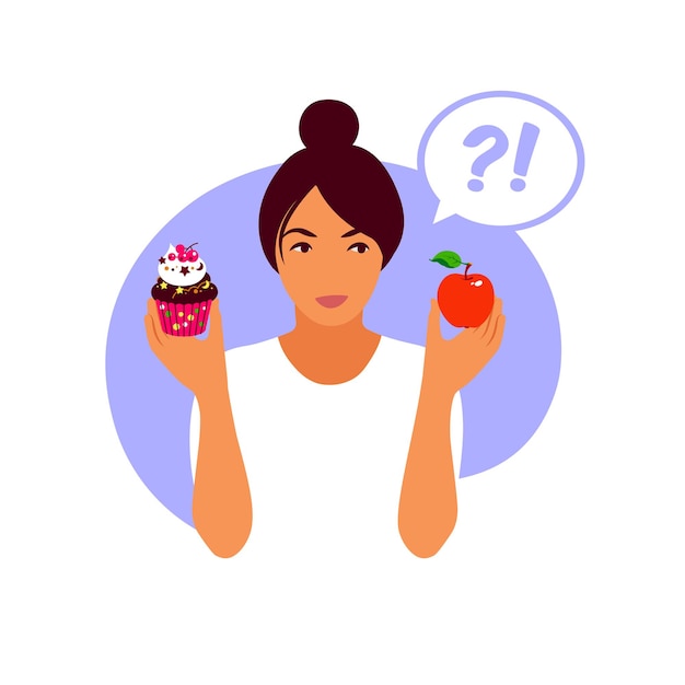 Plik wektorowy kobieta wybiera między zdrowym posiłkiem a niezdrową żywnością. pojęcie stylu życia i odżywiania.