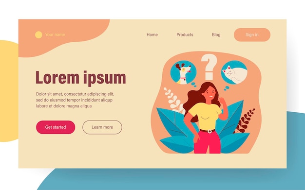 Kobieta wybierająca między kotem a psem. Bańka myśli, wybór, dylemat ilustracji wektorowych płaski. Adopcja zwierząt domowych, koncepcja zwierzęcia domowego na baner, projekt strony internetowej lub stronę docelową