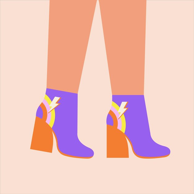 Kobieta wysoki obcas botki Para jasnych butów damskich Glamour Obuwie Retro stary styl vintage Modny wektor ilustracja 60s 70s stylexA