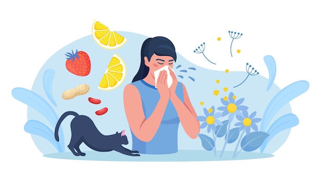 Plik wektorowy kobieta z alergią na pyłki kota, cytrusy, orzeszki ziemne lub jagody katar i łzawiące oczy sezonowe d...