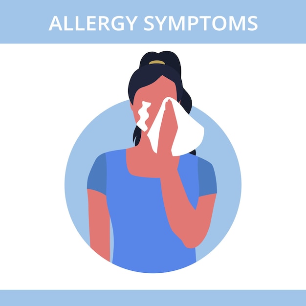 Plik wektorowy kobieta z alergią sezonową z alergią na pyłki i kwiaty ze łzami w oczach