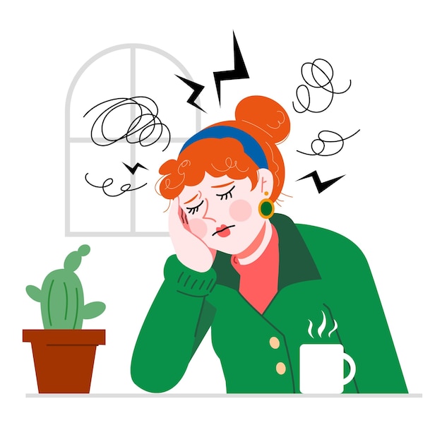 Plik wektorowy kobieta z bólem głowy siedzi przy stole z kubkiem kawy i kaktusem.