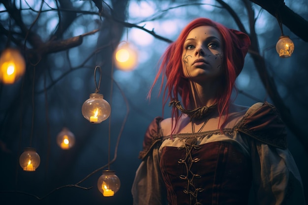 Plik wektorowy kobieta z czerwonymi włosami w lesie z światłami