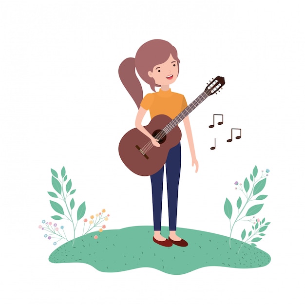 Kobieta z gitarą w krajobrazowym avatar postacie