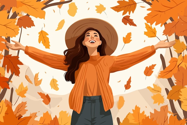 Plik wektorowy kobieta z jesiennymi liśćmi w rękach uśmiecha się, stojąc w stylowych, codziennych ubraniach i kapeluszu wesoła młoda dziewczyna raduje się na początku sezonu jesiennego i zbiera piękne liście z drzew