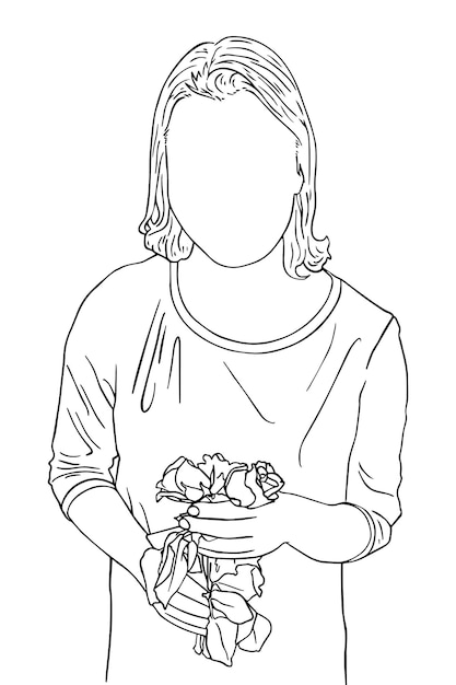 Kobieta Z Krótkimi Włosami W Sukience Z Kwiatami Róży W Dłoniach Doodle Linearna Kreskówka
