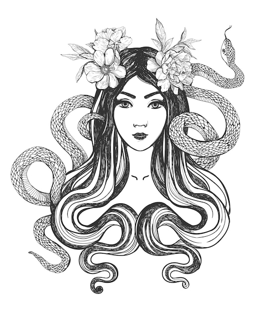 Kobieta Z Kwiatami I Wężami Sztuka Tatuażu