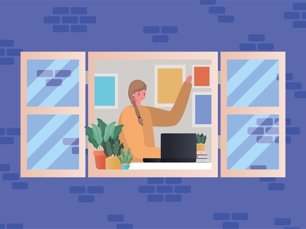 Kobieta z laptopa pracuje przy projektowaniu okna Praca z motywu domowego
