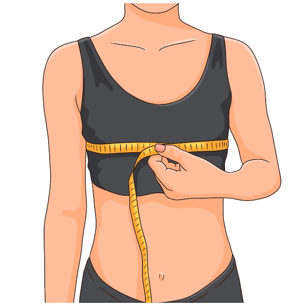 Plik wektorowy kobieta z małym biustem dba o swój rozmiar i mierzy klatkę mierniczą miarką