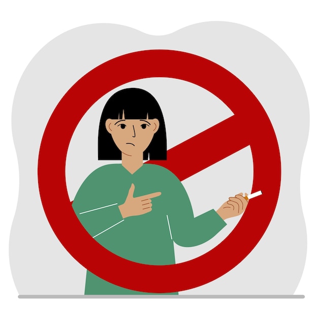 Kobieta Z Papierosem W Dłoni Wokół Kobiety Jest Czerwony Znak Zakazu Pojęcie Uzależnienia Od Palenia I Zakaz Palenia