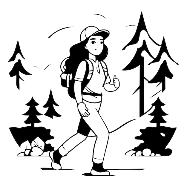 Plik wektorowy kobieta z plecakiem w lesie ilustracja wektorowa w stylu płaskim