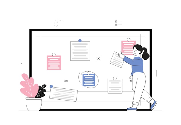 Kobieta z tablicą scrum Dziewczyna w pobliżu listy celów i zadań Organizowanie efektywnego przepływu pracy i zarządzania czasem Do wykonania list i notatek klejących Ilustracja wektorowa liniowa