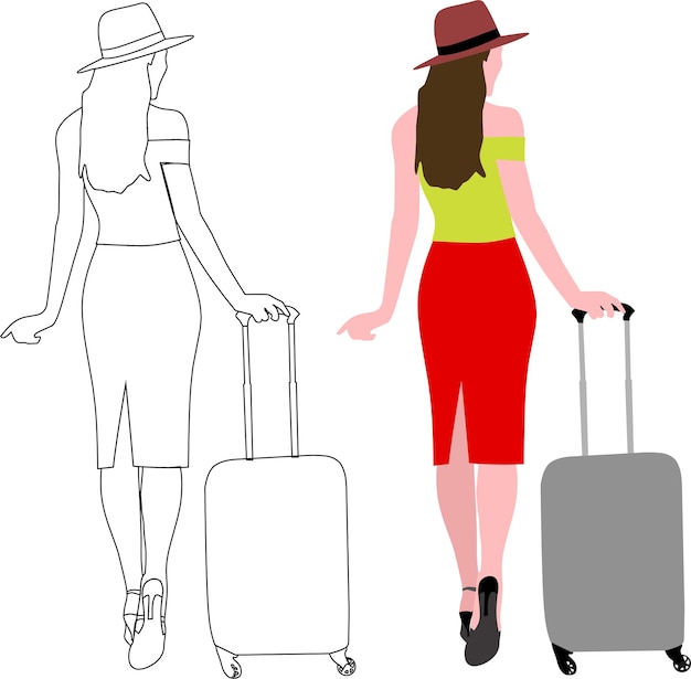 Kobieta z walizką podróżną z pakietem ilustracji wektorowych