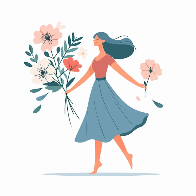 Kobieta Z Wiązką Kwiatów Na Płaskiej Ilustracji