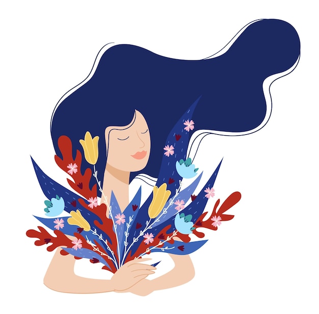 Plik wektorowy kobieta z zamkniętymi oczami trzymająca świeże kwiaty w kwiatach odosobniona postać kobieca z bukietem polnych kwiatów i liści, gałęzi i roślinności łąk kwiaciarnia wektor w płaskim stylu