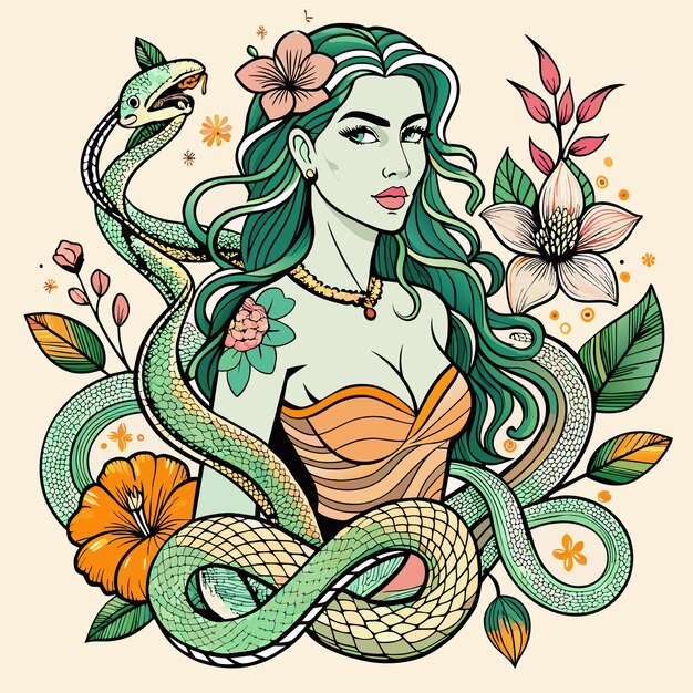 Plik wektorowy kobieta z zielonymi włosami i wężem w włosach.