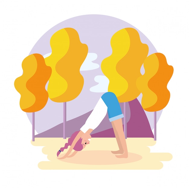 Plik wektorowy kobiety joga pozyci ćwiczenie z drzewami i górami