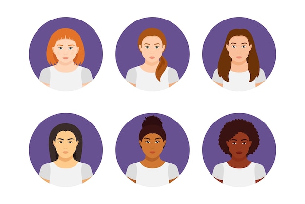 Plik wektorowy kobiety o sześciu fototypach fitzpatrick różne odcienie skóry, kolor włosów i oczu płaskie ikony wektorowe