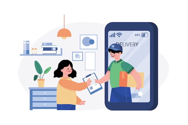 Kobiety Otrzymują Paczkę Pojawiającą Się Na Ekranie Telefonu Przez Kuriera W Domu