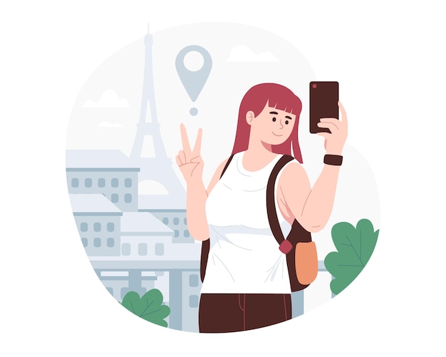 Plik wektorowy kobiety robiące selfie w atrakcjach turystycznych