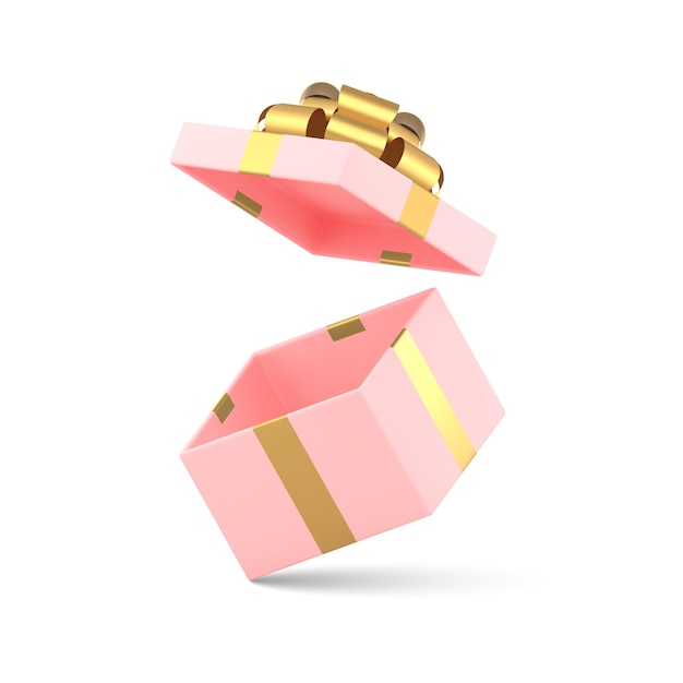 Plik wektorowy kobiety różowe latające pudełko z luksusową złotą wstążką łukową i otwartą pokrywą 3d ikoną realistycznego wektora