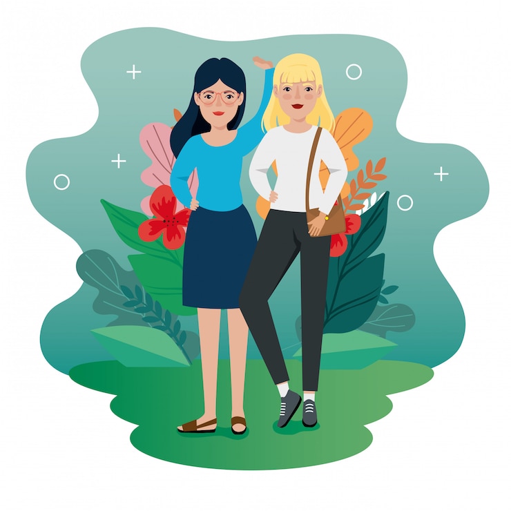 Wektor kobiety stoi z torebki i liści tropicals wektorowym ilustracyjnym projektem