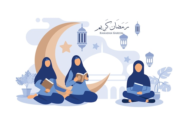 Kobiety z hidżabu czytające koran ilustracji wektorowych Szczęśliwa koncepcja Eid Mubarak i Ramadan