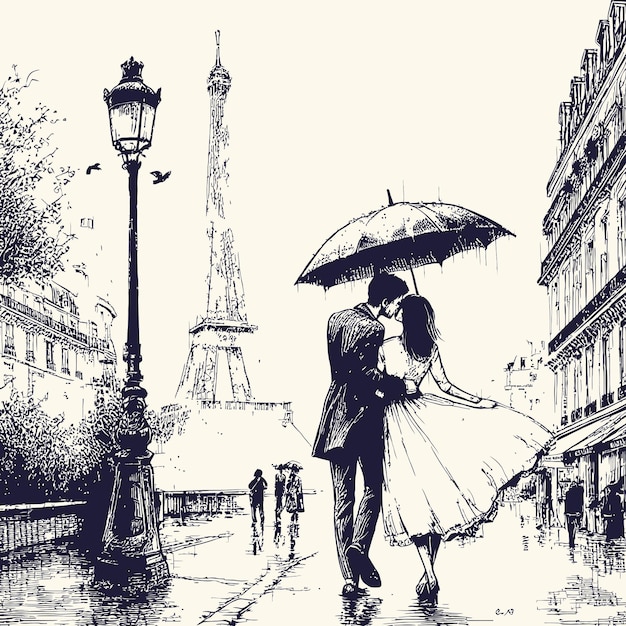 Plik wektorowy kochająca się para pod parasolem deszcz paryż szkic wektor