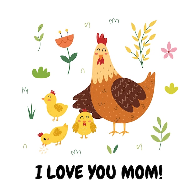 Kocham Cię, Mamo, Kiedykolwiek Nadruk Z Uroczą Mamą Kurczakiem I Jej Pisklęciem Zabawna Karta Rodzinna Zwierząt