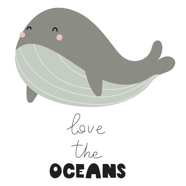 Plik wektorowy kocham oceany kreskówka wieloryb ręcznie rysowany litery