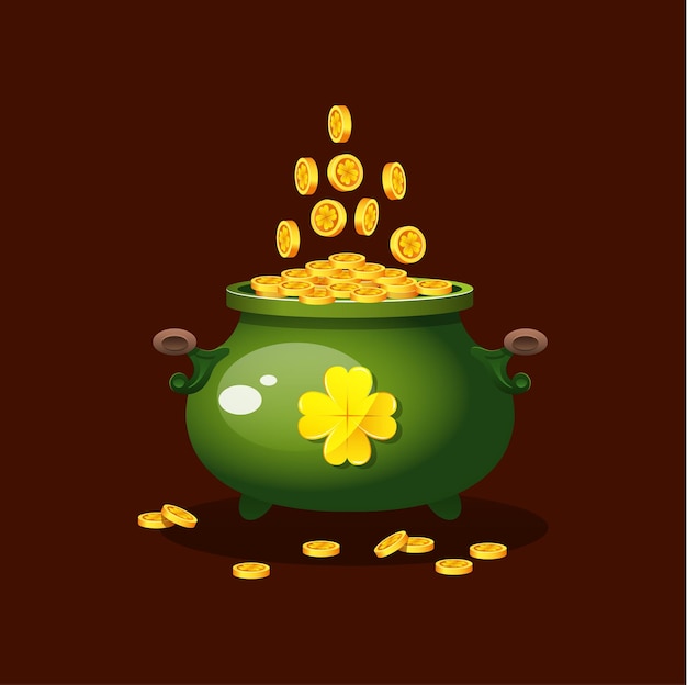 Kocioł Pełen Złotych Monet Ze Znakiem Szczęśliwej Koniczyny