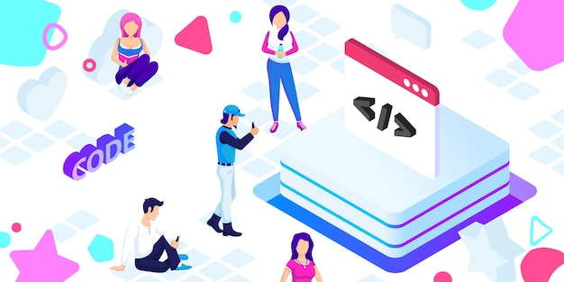 Kod izometryczny projekt ikona Wektor ilustracja sieci web 3d kolorowy koncepcja