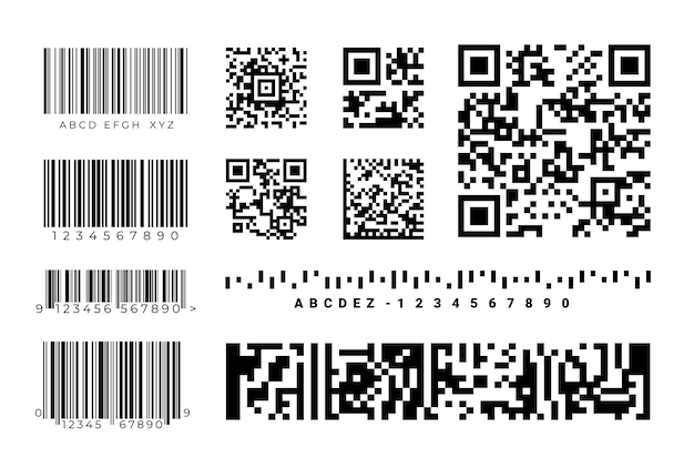 Kody kreskowe Etykiety identyfikacyjne QRcode Realistyczne kody zapasów ze znakami graficznymi i numerami Naklejki towarowe Pojedyncze elementy metki z ceną Zestaw czarno-białych odznak wektorowych