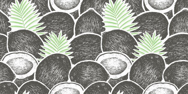 Kokos z liści palmowych wzór. Ręcznie rysowane ilustracja jedzenie. Grawerowana roślina egzotyczna. Botaniczny tropikalny tło.