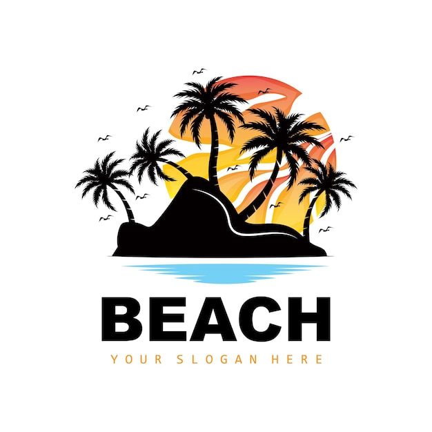 Kokosowe Drzewo I Plaża Logo Ocean Natura Krajobraz Projekt Plaża Ikona Roślina Wektor