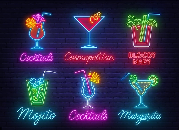 Plik wektorowy koktajl margarita, blue hawaiian, mojito, bloody mary, cosmopolitan i tequila sunrise neon znak na tle ceglanego muru.