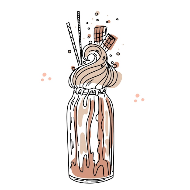 Plik wektorowy koktajl mleczny ze śmietaną i słomą koktajl czekoladowy z kreskówek ręcznie rysowane ilustracja linii vector