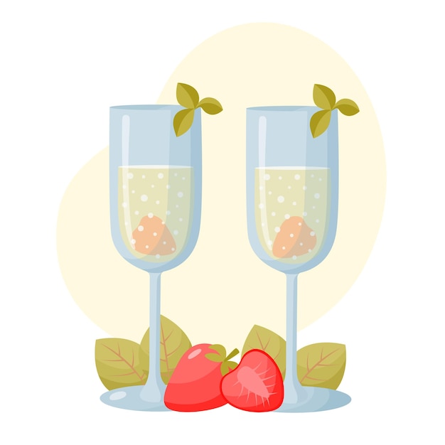 Koktajl szampański z truskawkami i liśćmi w tle Elementy projektowania menu Letni koktajl w stylu płaskiej