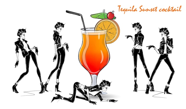 Koktajl Tequila Sunset. Moda dziewczyna w stylu szkicu przy koktajlu. Ilustracja wektorowa