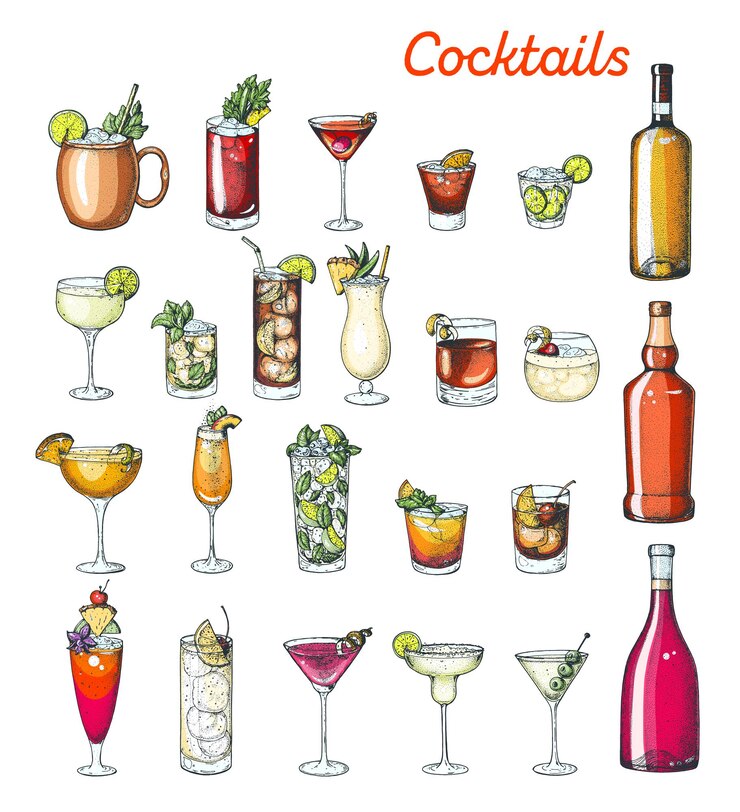 Wektor koktajle alkoholowe ręcznie rysowane ilustracji wektorowych kolorowy zestaw butelka i szkło