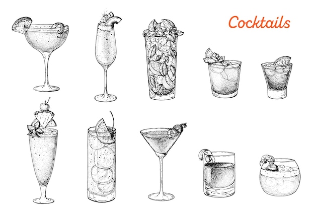 Koktajle alkoholowe ręcznie rysowane ilustracji wektorowych Zestaw szkiców koktajli Grawerowany styl