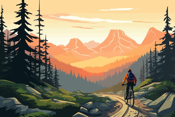 Wektor kolarstwo górskie płaski krajobraz wektor ilustracja retro starodawny plakat