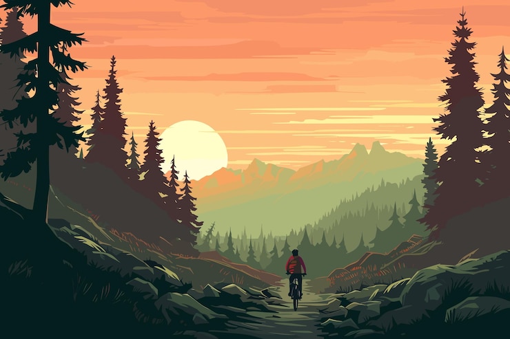 Wektor kolarstwo górskie płaski krajobraz wektor ilustracja retro starodawny plakat