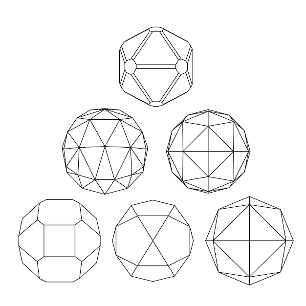 Kolekcja 6 Czarno-białych Złożonych Sfer Wymiarowych I Abstrakcyjnych Figur Geometrycznych. Zestaw Fraktali 3d Monochromatycznych Obiektów Symbolicznych. Symbole Strukturalne Wektorowe.