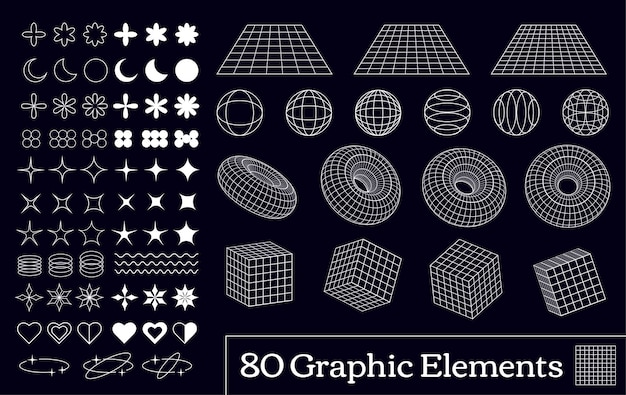 Kolekcja 80 wektorowych elementów retro Y2K emblematów ikon symboli i form geometrycznych w modelu szkieletowym