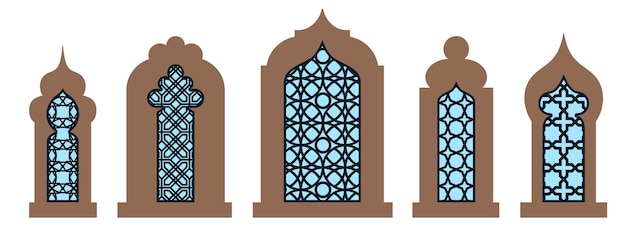 Plik wektorowy kolekcja arabskich orientalnych okien, łuków i drzwi laserowo wycinany grill nowoczesny design w czarnych ramkach fo kopuła meczetu i latarnie islamski ramadan kareem i styl eid mubarak ilustracja wektorowa