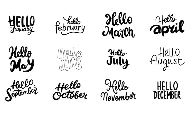 Wektor kolekcja banerów tekstowych hello may hello june july august september october ręcznie narysowany vecto